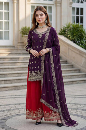 Violet Sequin with Embroidered Chinon Palazzo Suits (ON5158-Purple)