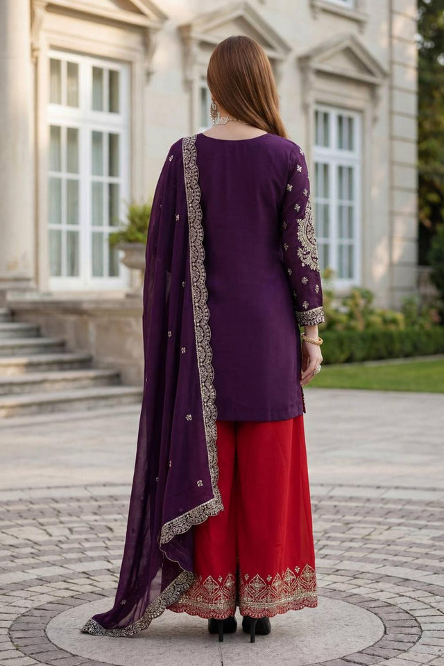 Violet Sequin with Embroidered Chinon Palazzo Suits (ON5158-Purple)