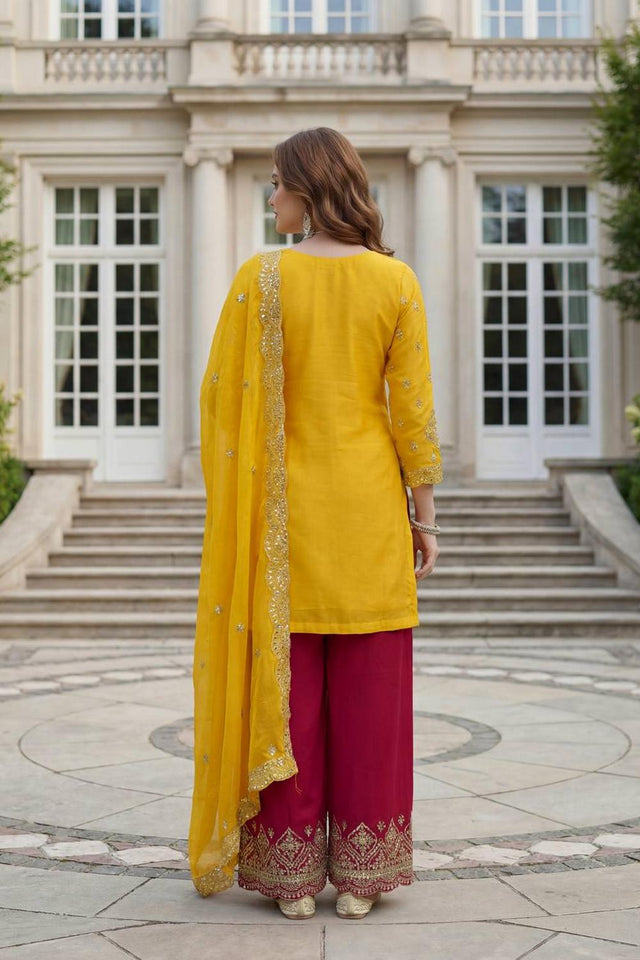 Yellow Sequin with Embroidered Chinon Palazzo Suits (ON5158-Yellow)