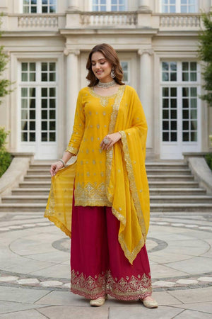 Yellow Sequin with Embroidered Chinon Palazzo Suits (ON5158-Yellow)