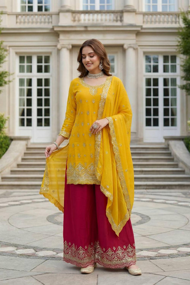 Yellow Sequin with Embroidered Chinon Palazzo Suits (ON5158-Yellow)