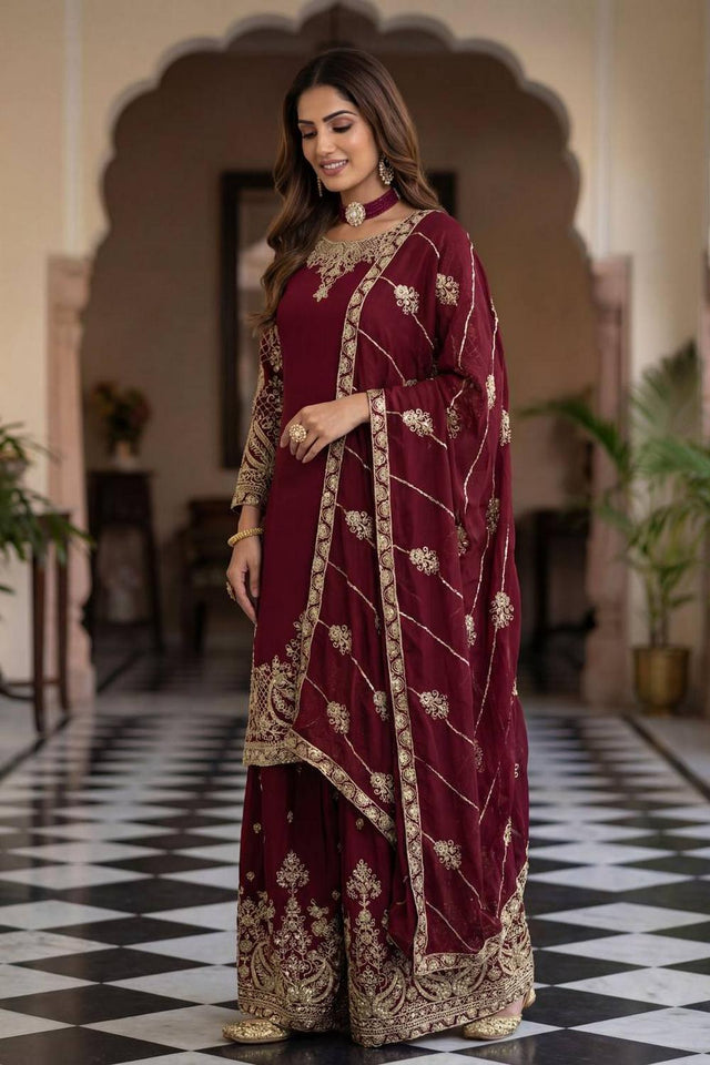 Maroon Floral Embroidered Chinon Palazzo Suits (ON5160-Maron)