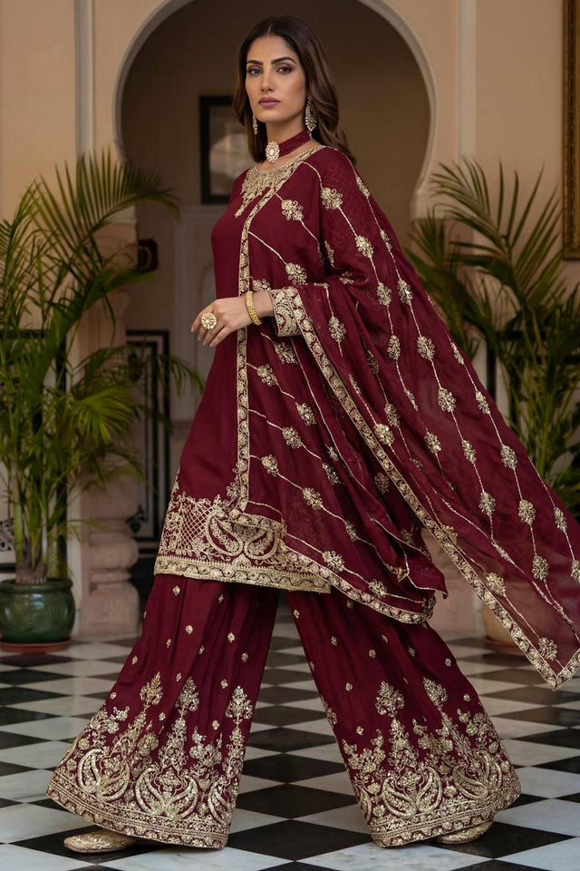 Maroon Floral Embroidered Chinon Palazzo Suits (ON5160-Maron)