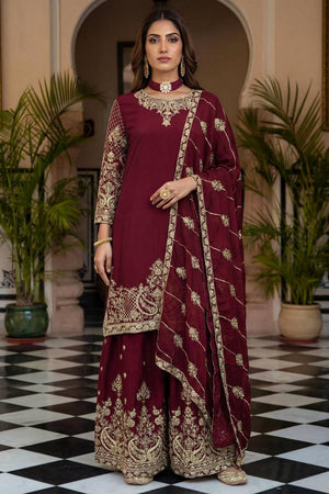 Maroon Floral Embroidered Chinon Palazzo Suits (ON5160-Maron)