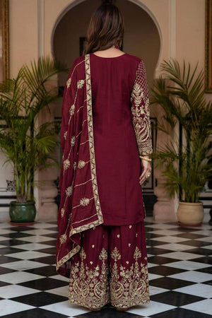 Maroon Floral Embroidered Chinon Palazzo Suits (ON5160-Maron)