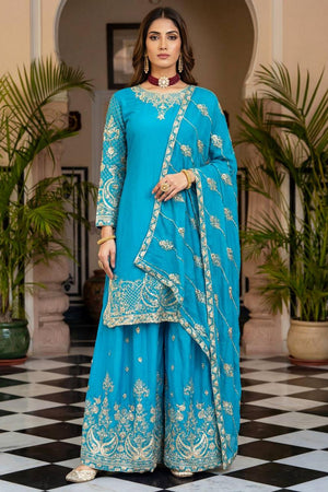 Blue Floral Embroidered Chinon Palazzo Suits (ON5160-Sky)