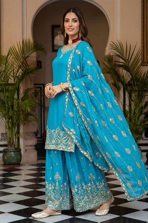 Blue Floral Embroidered Chinon Palazzo Suits (ON5160-Sky)