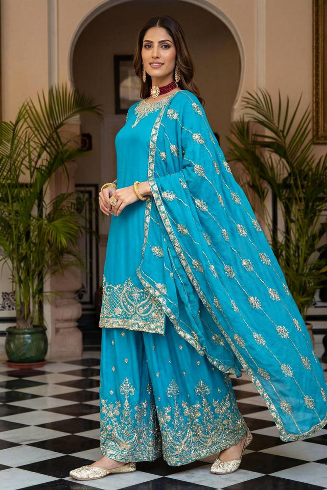 Blue Floral Embroidered Chinon Palazzo Suits (ON5160-Sky)