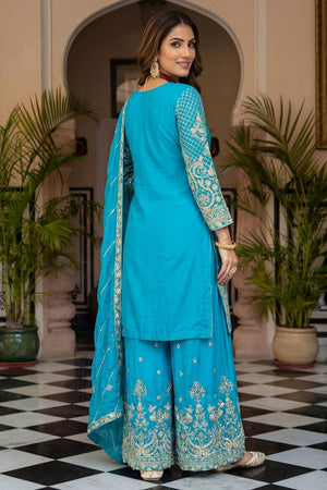 Blue Floral Embroidered Chinon Palazzo Suits (ON5160-Sky)