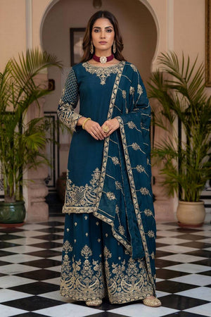 Turquoise Floral Embroidered Chinon Palazzo Suits (ON5160-Teal)