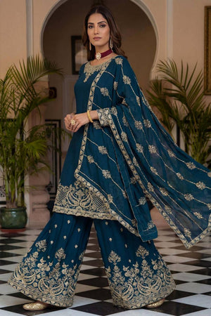 Turquoise Floral Embroidered Chinon Palazzo Suits (ON5160-Teal)