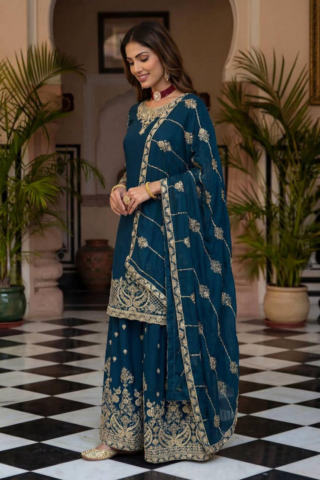 Turquoise Floral Embroidered Chinon Palazzo Suits (ON5160-Teal)