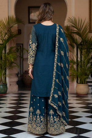 Turquoise Floral Embroidered Chinon Palazzo Suits (ON5160-Teal)