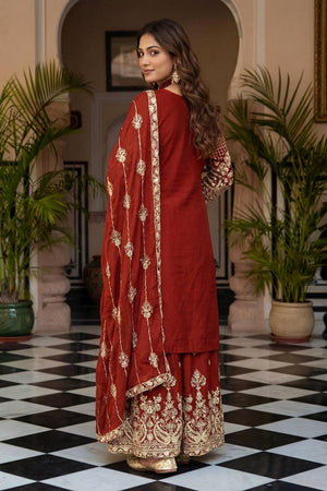 Red Floral Embroidered Chinon Palazzo Suits (ON5160-red)