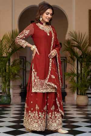 Red Floral Embroidered Chinon Palazzo Suits (ON5160-red)