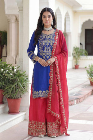 Blue Sequin with Embroidered Chinon Palazzo Suits (ON5162-Blue)