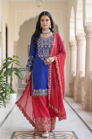 Blue Sequin with Embroidered Chinon Palazzo Suits (ON5162-Blue)