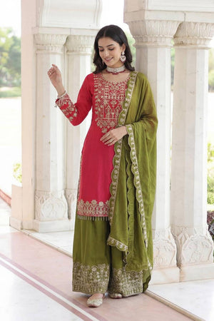Pink Sequin with Embroidered Chinon Palazzo Suits (ON5162-Pink)