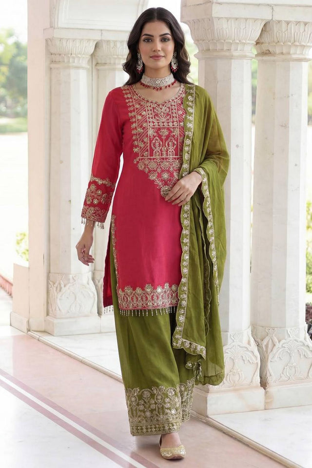 Pink Sequin with Embroidered Chinon Palazzo Suits (ON5162-Pink)