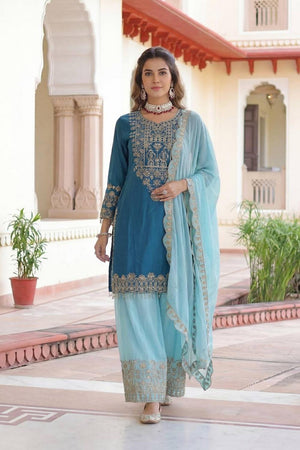 Blue Sequin with Embroidered Chinon Palazzo Suits (ON5162-Skyblue)