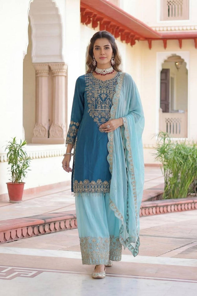 Blue Sequin with Embroidered Chinon Palazzo Suits (ON5162-Skyblue)