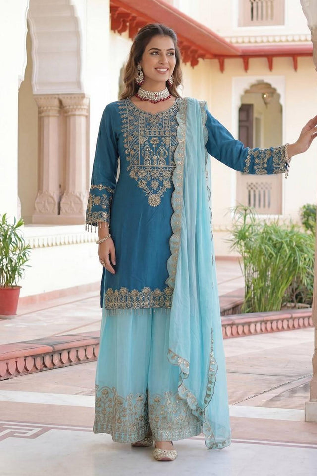 Blue Sequin with Embroidered Chinon Palazzo Suits (ON5162-Skyblue)
