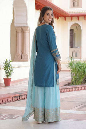 Blue Sequin with Embroidered Chinon Palazzo Suits (ON5162-Skyblue)