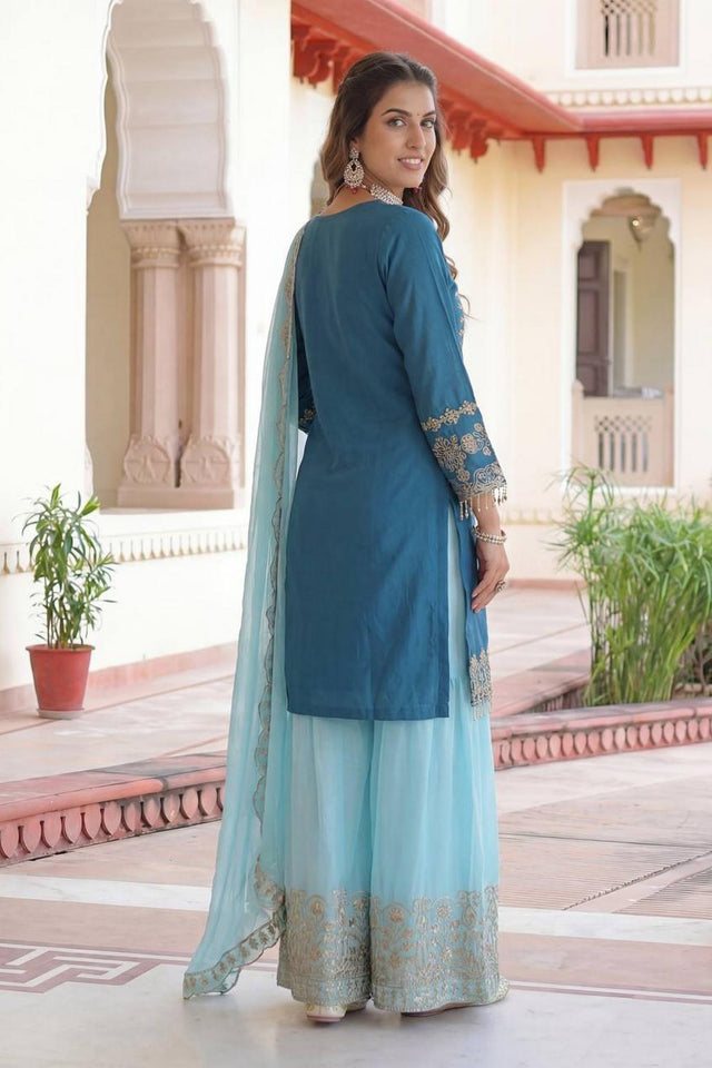 Blue Sequin with Embroidered Chinon Palazzo Suits (ON5162-Skyblue)