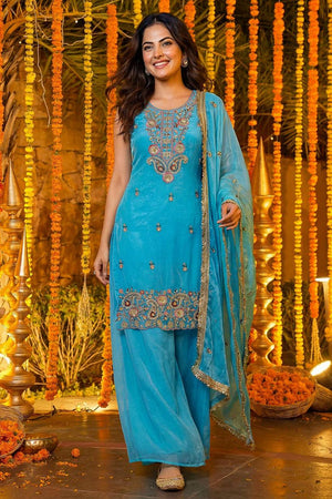 Blue Floral Embroidered Silk Palazzo Suits (ON5166-Sky)