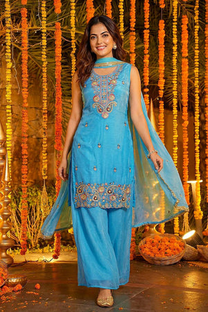 Blue Floral Embroidered Silk Palazzo Suits (ON5166-Sky)