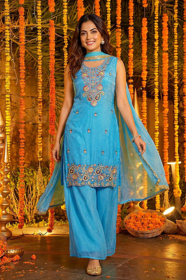 Blue Floral Embroidered Silk Palazzo Suits (ON5166-Sky)