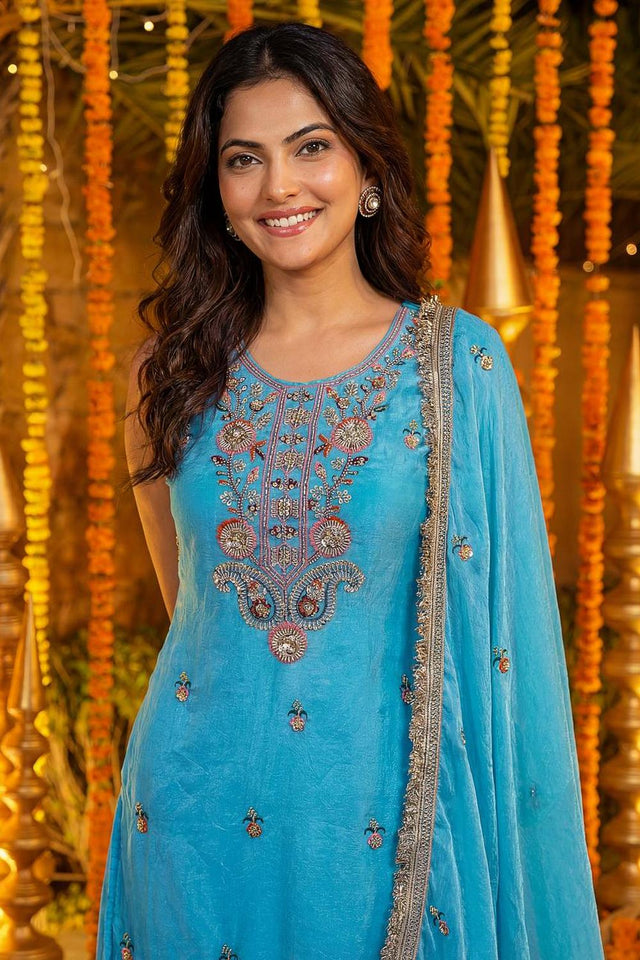 Blue Floral Embroidered Silk Palazzo Suits (ON5166-Sky)