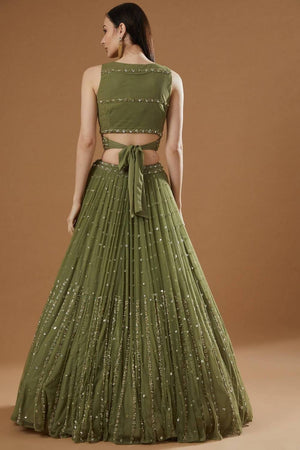 Olive Green Sequin Georgette Lehenga