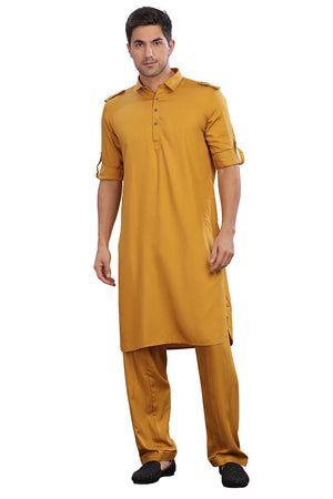 Mustard Solid Cotton Pathani Suit Set