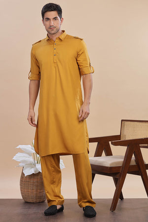 Mustard Solid Cotton Pathani Suit Set