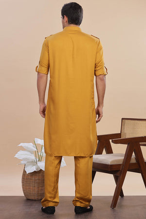 Mustard Solid Cotton Pathani Suit Set