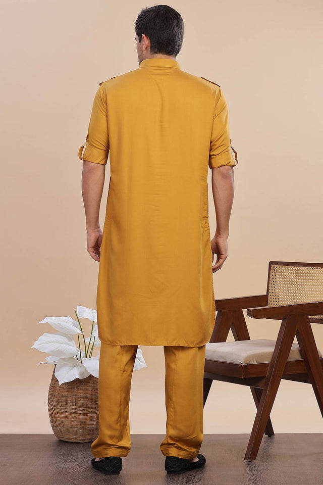 Mustard Solid Cotton Pathani Suit Set