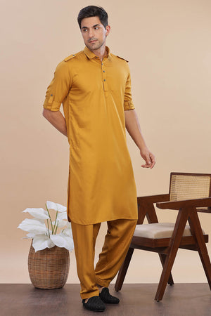 Mustard Solid Cotton Pathani Suit Set