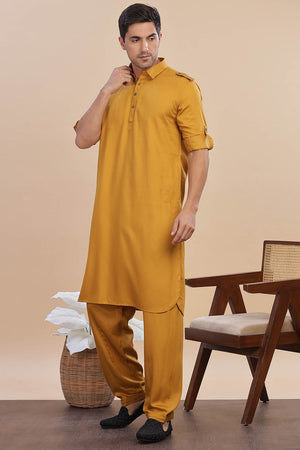 Mustard Solid Cotton Pathani Suit Set