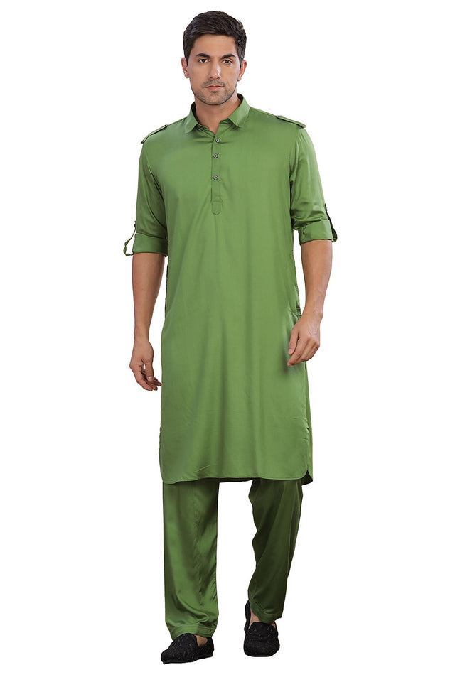 Green Solid Cotton Pathani Suit Set