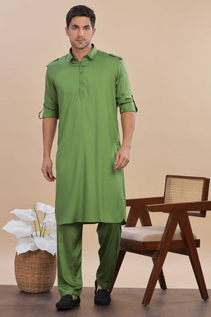 Green Solid Cotton Pathani Suit Set
