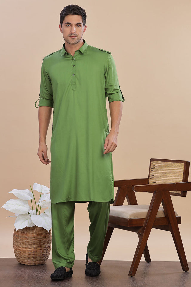 Green Solid Cotton Pathani Suit Set