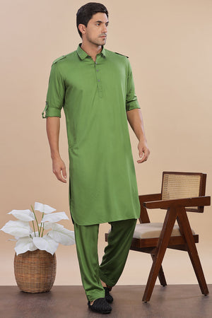 Green Solid Cotton Pathani Suit Set