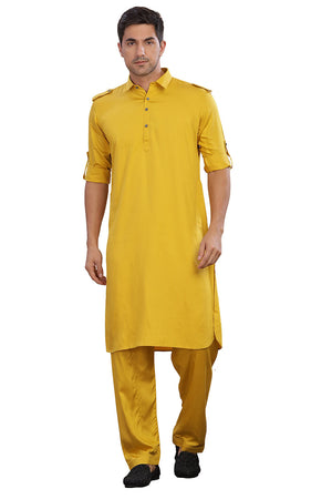 Yellow Solid Cotton Pathani Suit Set