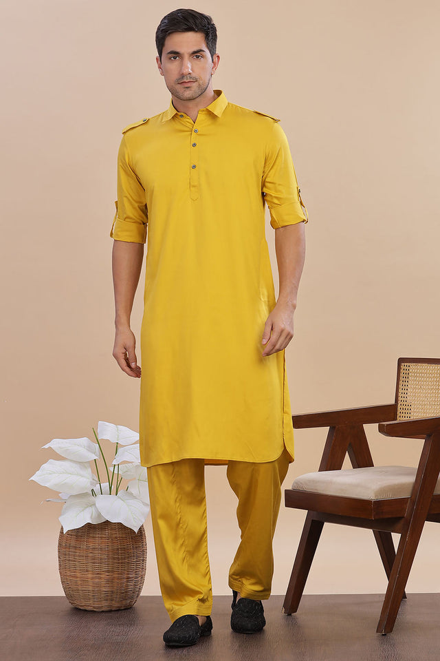 Yellow Solid Cotton Pathani Suit Set
