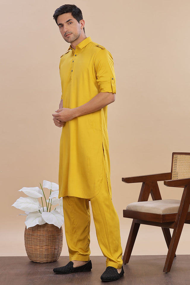 Yellow Solid Cotton Pathani Suit Set