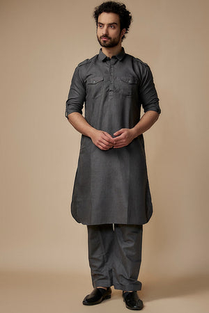 Grey Solid Cotton Pathani Suit Set