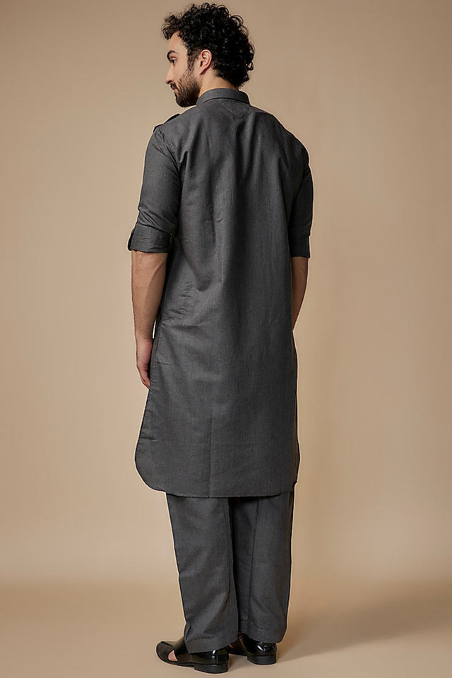 Grey Solid Cotton Pathani Suit Set