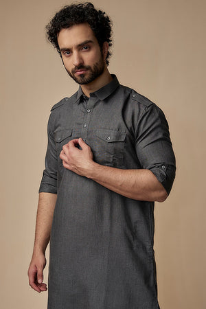 Grey Solid Cotton Pathani Suit Set