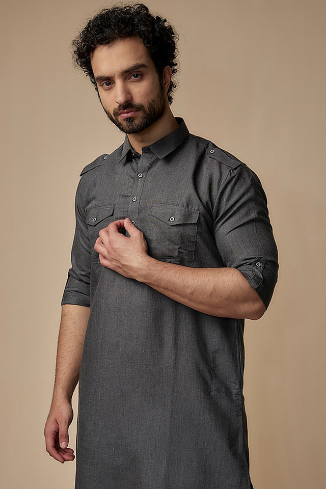 Grey Solid Cotton Pathani Suit Set